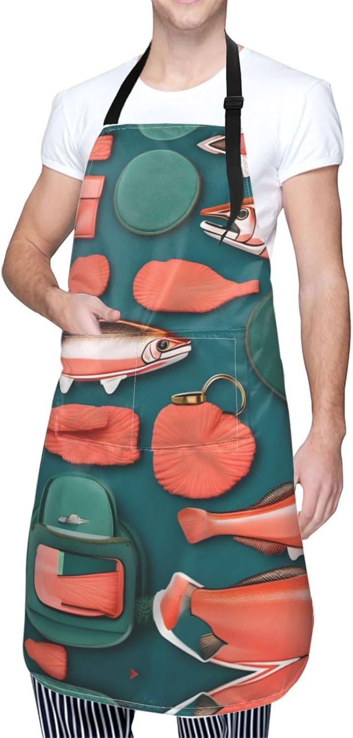 Salmon pattern Print Laundry apron 28x33 In Waterproof Kitchen Apron with Pockets for Cooking Baking