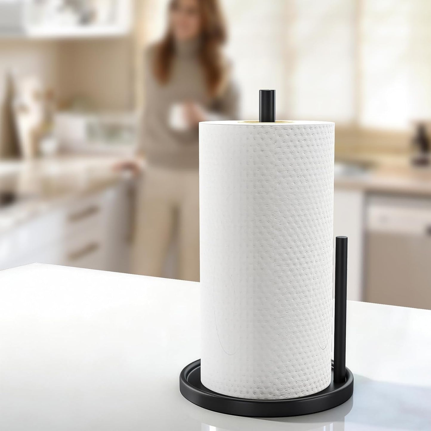 Paper Towel Holder Countertop, Black Kitchen Paper Towels Holder, Paper Roll Holder with Weighted Base