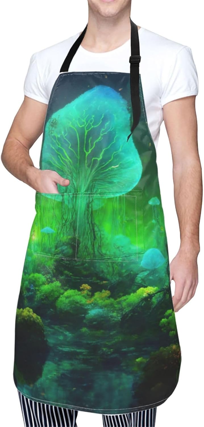 Magic Mushroom Print Laundry apron 28x33 In Waterproof Kitchen Apron with Pockets for Cooking Baking
