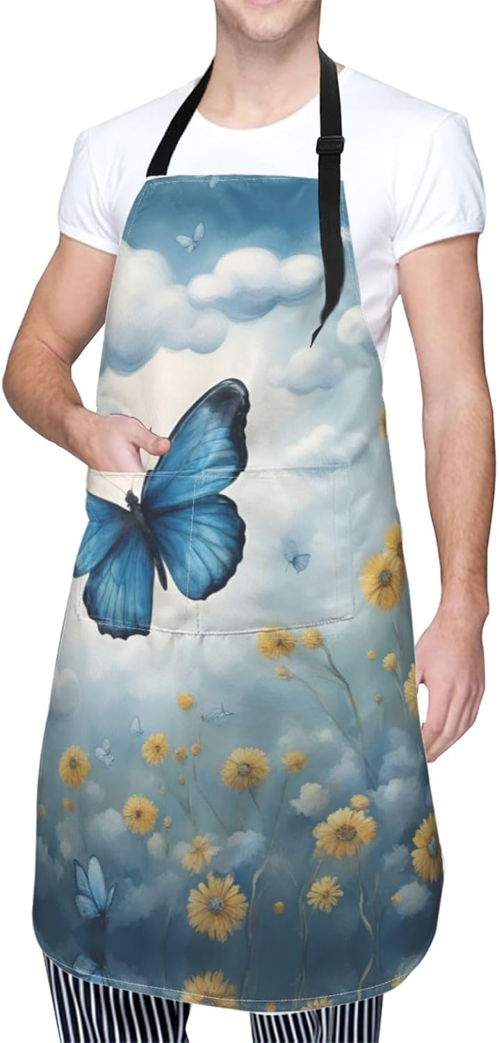 blue butterfly and Clouds print Waterproof chef's apron with pocket apron for kitchen cooking baking barbecue and gardening