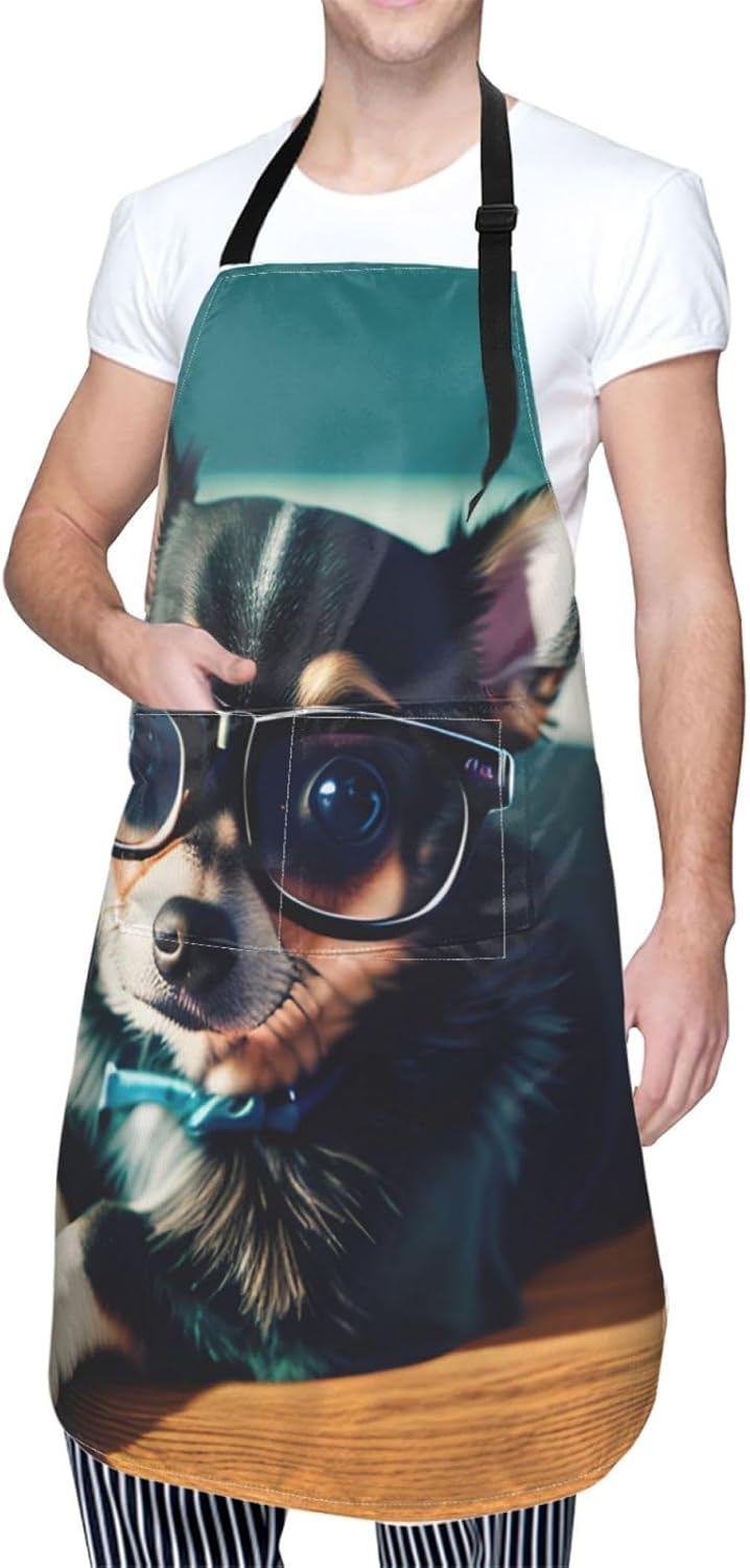 Chihuahua Dog Glasses print Waterproof chef's apron with pocket apron for kitchen cooking baking barbecue and gardening