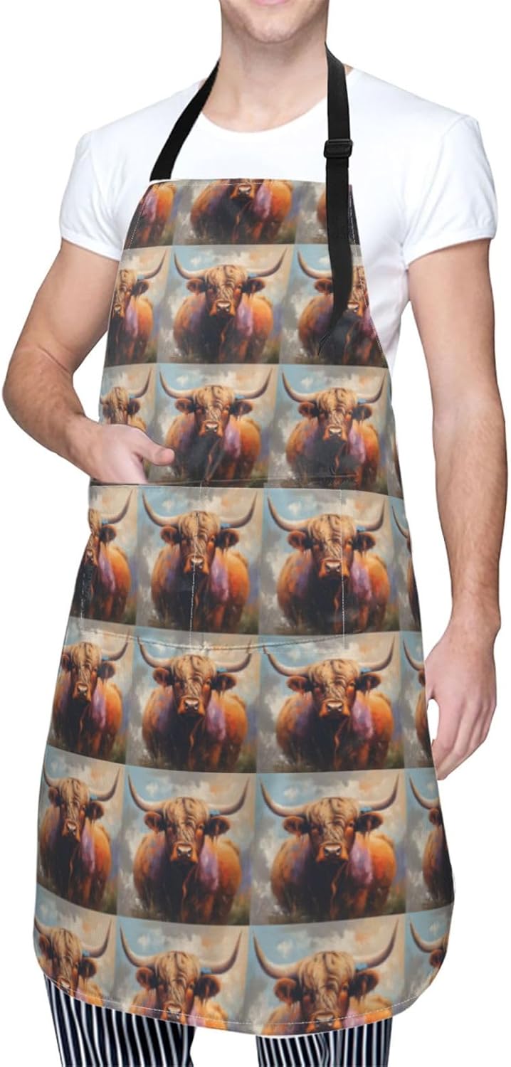 YANYU Highland Cow Print 28x33 In Kitchen Apron Stylish Chef Apron with Pockets for Cooking Baking Painting