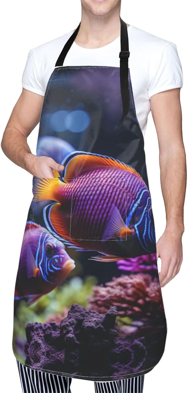 fish aquarium print Waterproof apron with pocket adjustable cooking apron for adult kitchen bibs to bake