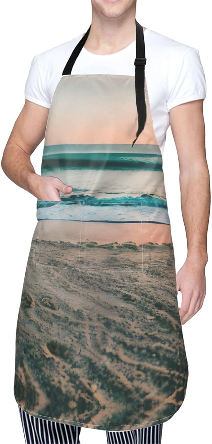 Beach Sunset Theme Print Laundry apron 28x33 In Waterproof Kitchen Apron with Pockets for Cooking Baking