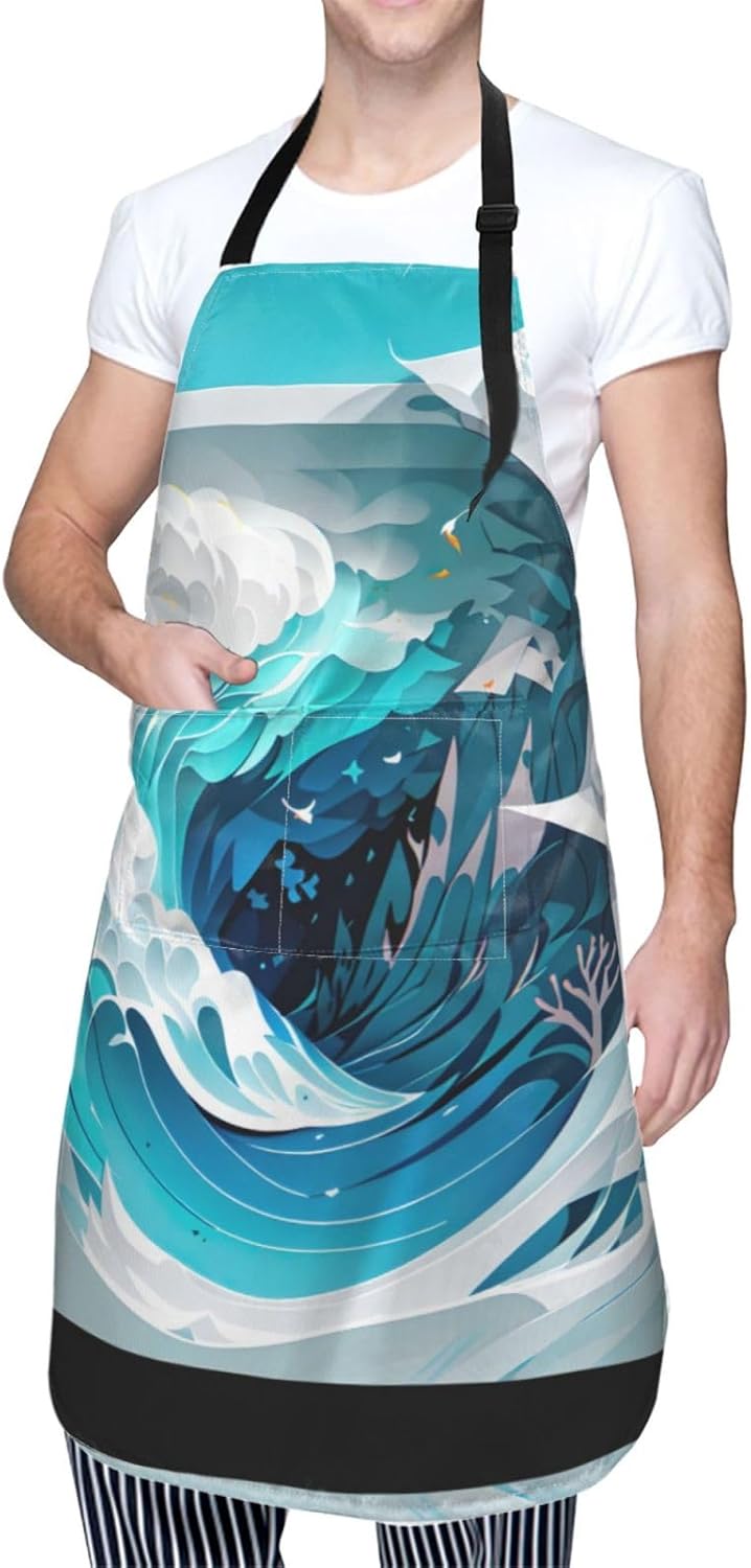 Ocean Wave print Waterproof chef's apron with pocket apron for kitchen cooking baking barbecue and gardening