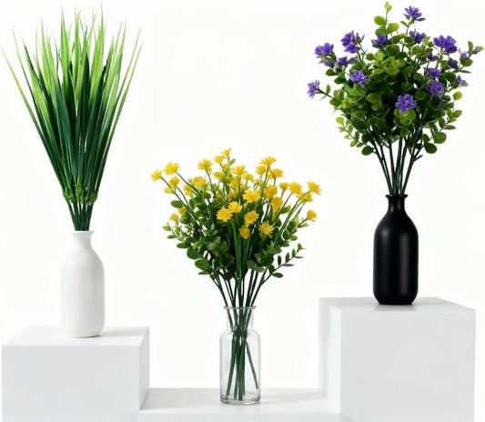 Red O 9 Pack Artificial Flowers Outdoor, UV Resistant Fake Flowers & Plastic Plants for Porch, Hanging Planter, Cemetery Pots - Yellow, Purple, Green Faux Flowers for Indoor Outside Decoration