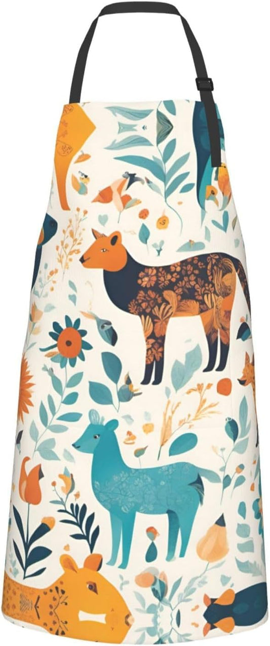 Cute Floral Animal Pattern 1 print Waterproof chef's apron with pocket apron for kitchen cooking baking barbecue and gardening