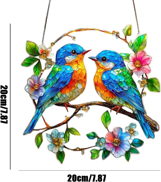 Hummingbird on Branch Suncatcher Stained Glass Window Hanging Hand-Painted Double Side Stain Glass Cardinal Gifts Sun Catcher