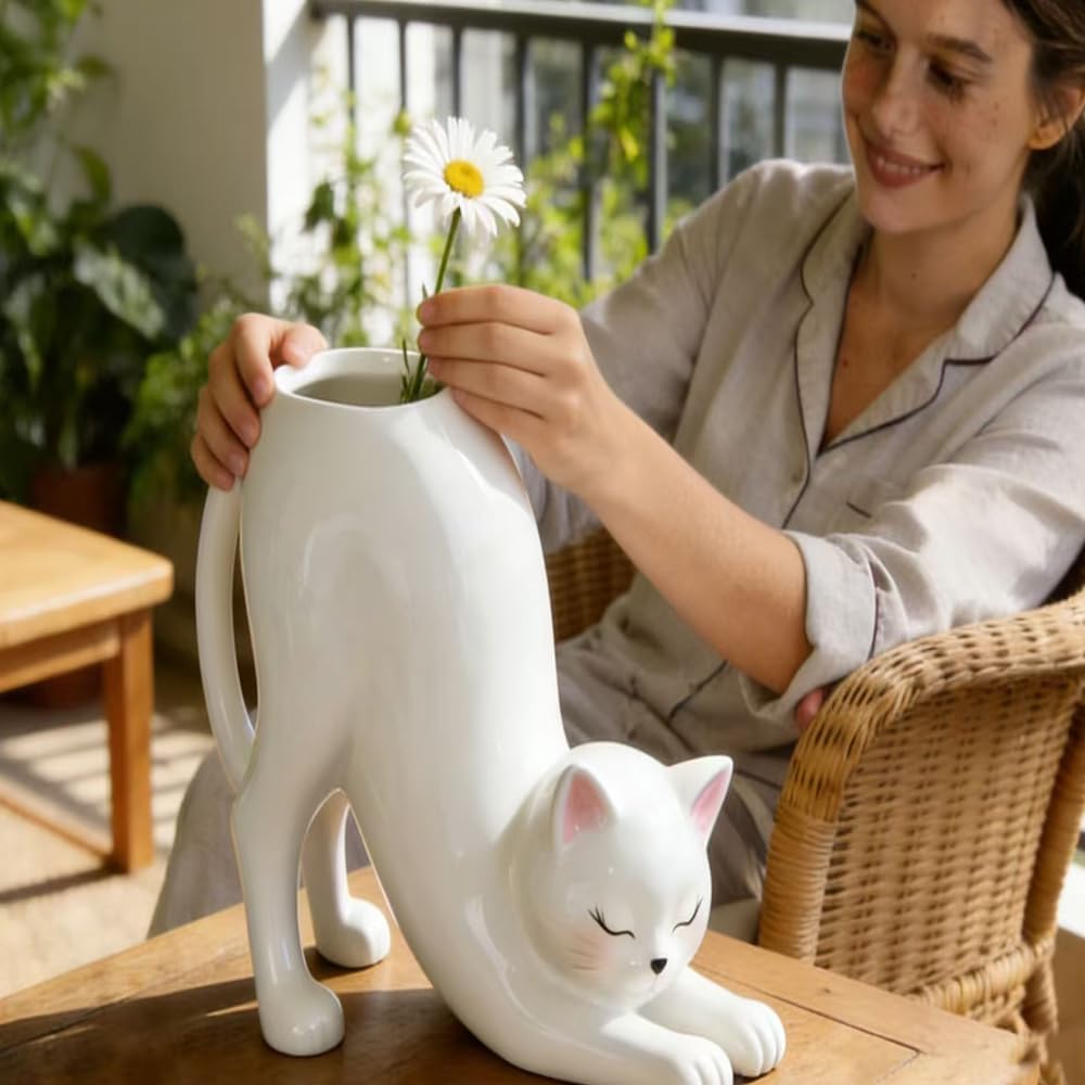 White Ceramic Cat Vase Planter – Modern Animal Home Décor Flower Pot,