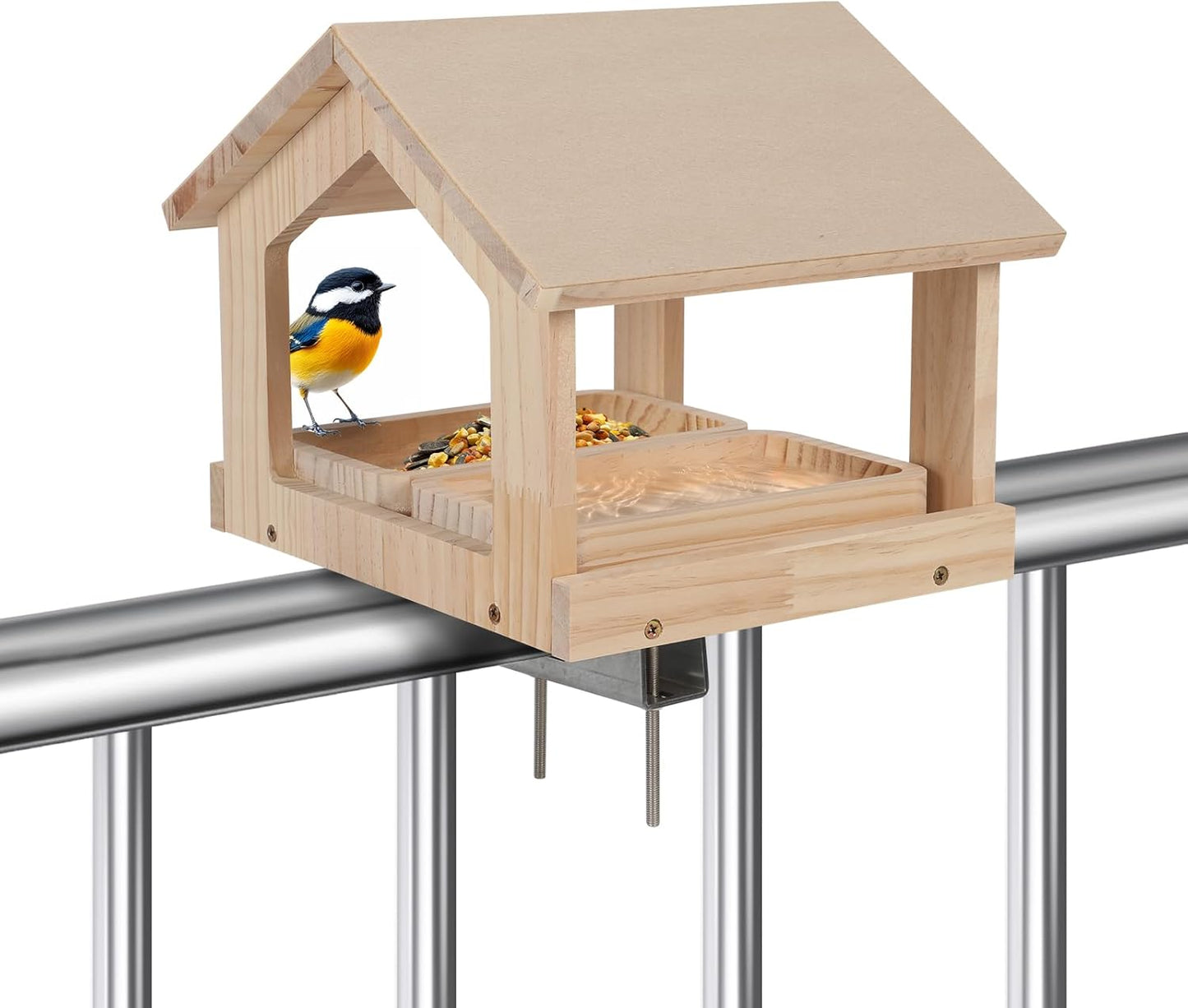 Wooden Bird Feeder with 2 Trays Metal Bracket Railing Mount Balcony Birdfeeder Large Capacity Weatherproof Platform Wild Bird Feeding House for Cardinals Finches Garden Yard Decoration