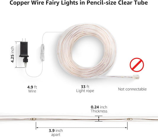 Lighting EVER Plug in Rope Lights with Small Tube, 1/4 in Pencil-Size, 100 LED Copper Wire String Lights in 33 ft Tube, Cool White 6000K, Thin Light Rope for Railing, Fence, Balcony, Not Connectable