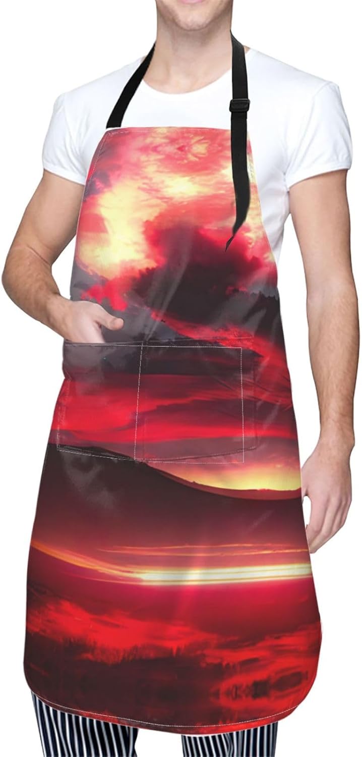 Red Sky at Night Starry print Waterproof chef's apron with pocket apron for kitchen cooking baking barbecue and gardening