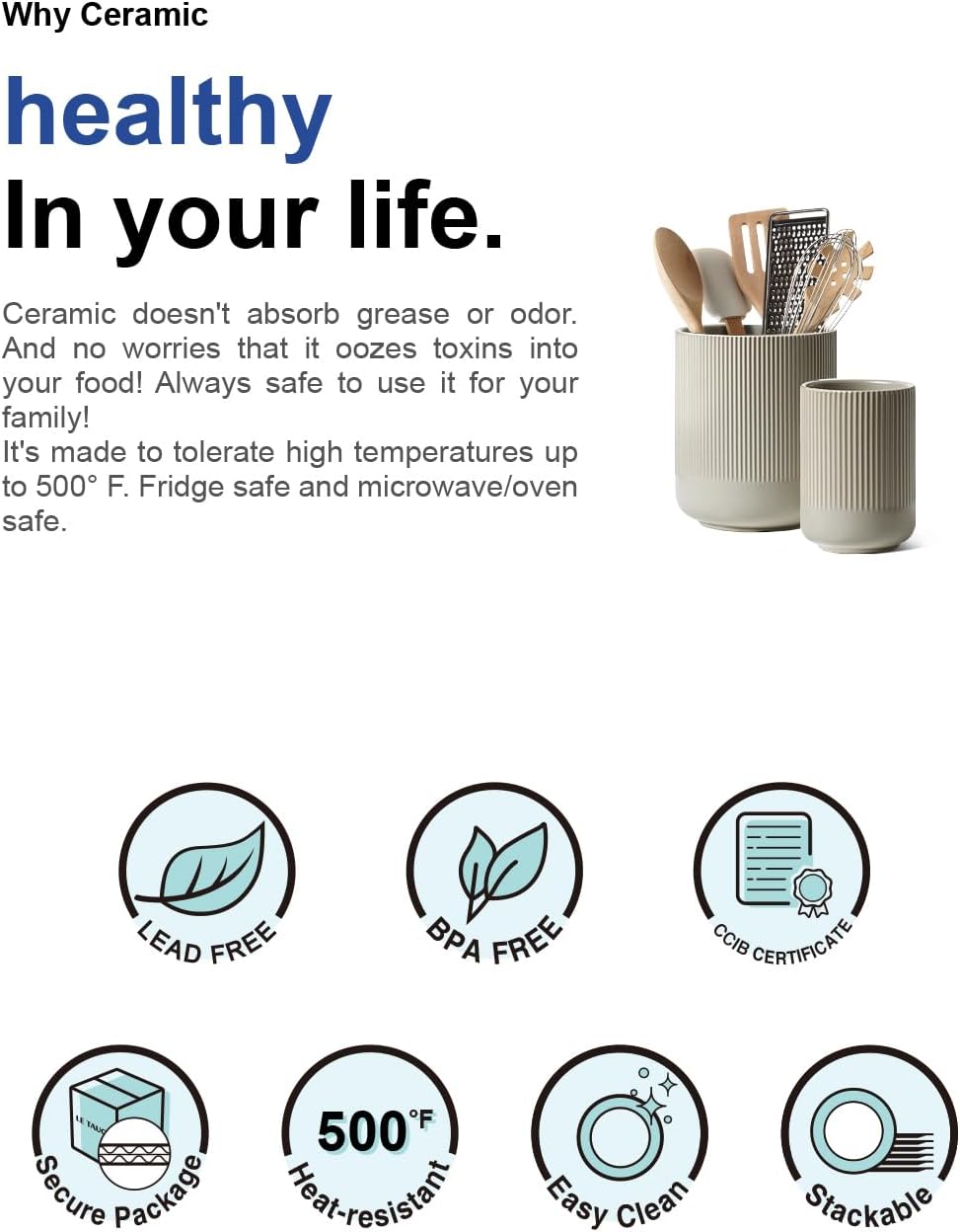 LE TAUCI Utensil Holder for Kitchen Counter, 7.3"+5.4" Fluted Ceramic Utensil Crock Organizer for Countertop, Heavy Large Holder for Spatulas, Spoons, Set of 2, Oatmeal Greige