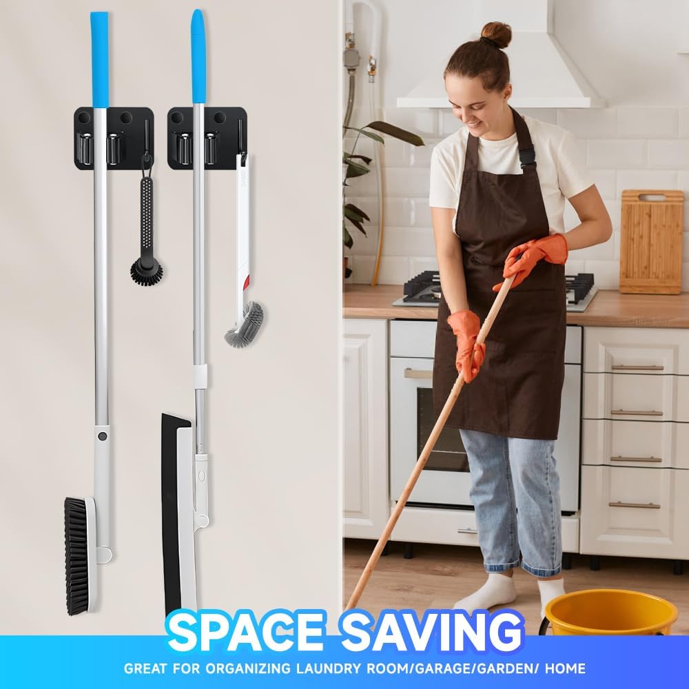 2-Pack Broom Holder with Heavy Duty Hooks, Upgraded Stainless Steel Mop Hanger. Wall Mount Utility Tool Rack for Kitchen Garden Laundry Garage. Matte Black.