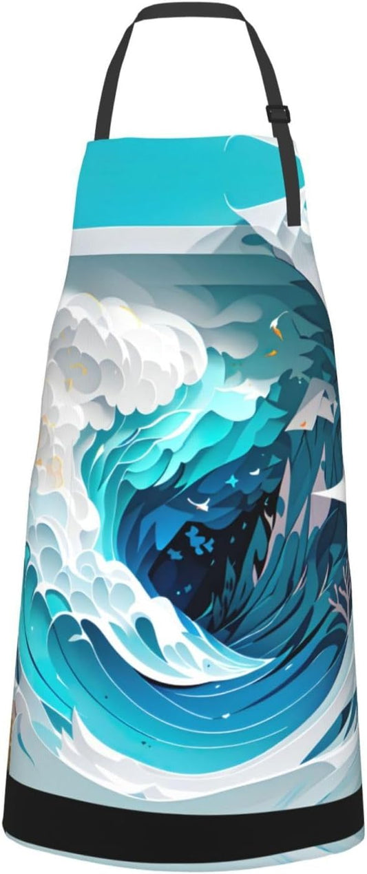 Ocean Wave print Waterproof chef's apron with pocket apron for kitchen