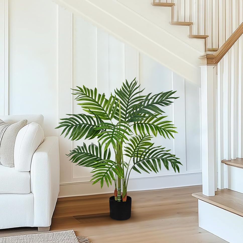 Hollyone Fake Palm Tree Decor 3FT with Planter Artificial Palm Tree Faux Tropical Areca Floor Plant in Pot with 3 Textured Trunks Silk Plant for Home Garden Outdoor Indoor Office Decor
