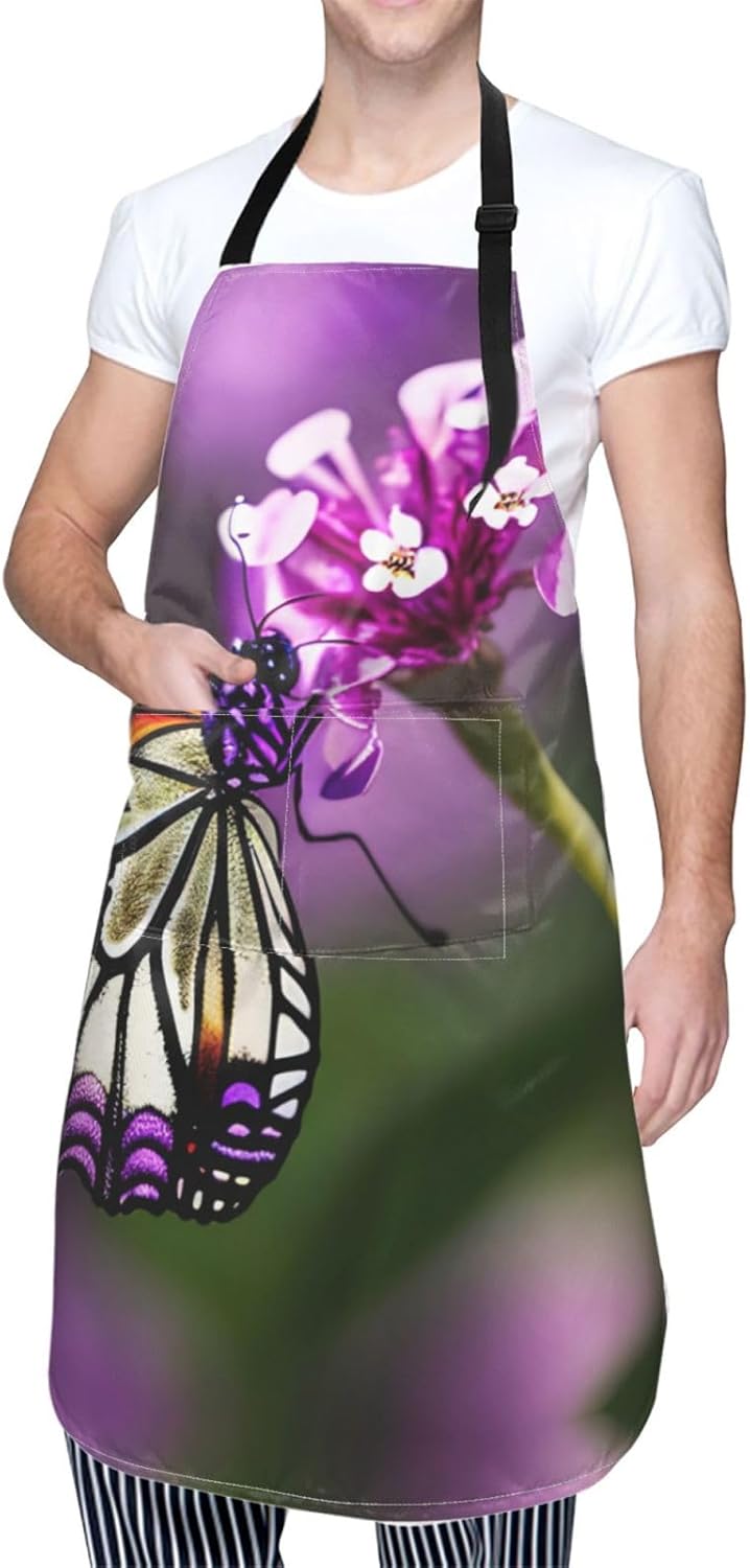 Purple plum butterfly print Waterproof chef's apron with pocket apron for kitchen cooking baking barbecue and gardening