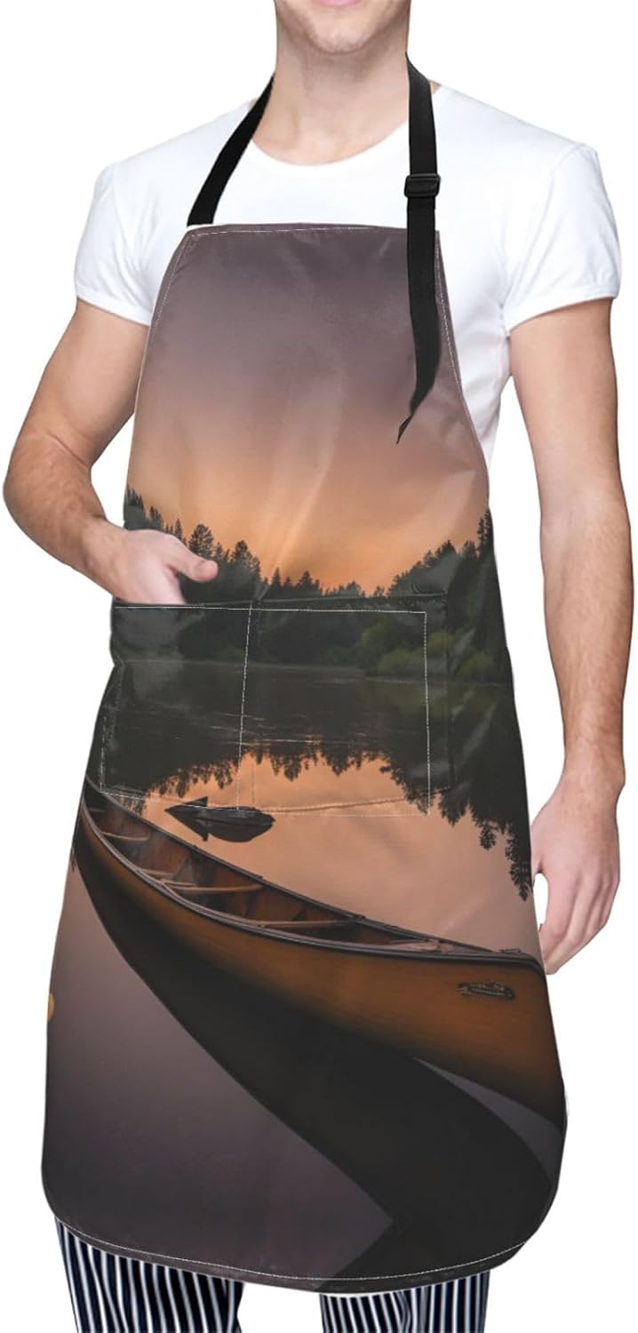 Moonlit Canoe Allagash River print Waterproof chef's apron with pocket apron for kitchen cooking baking barbecue and gardening