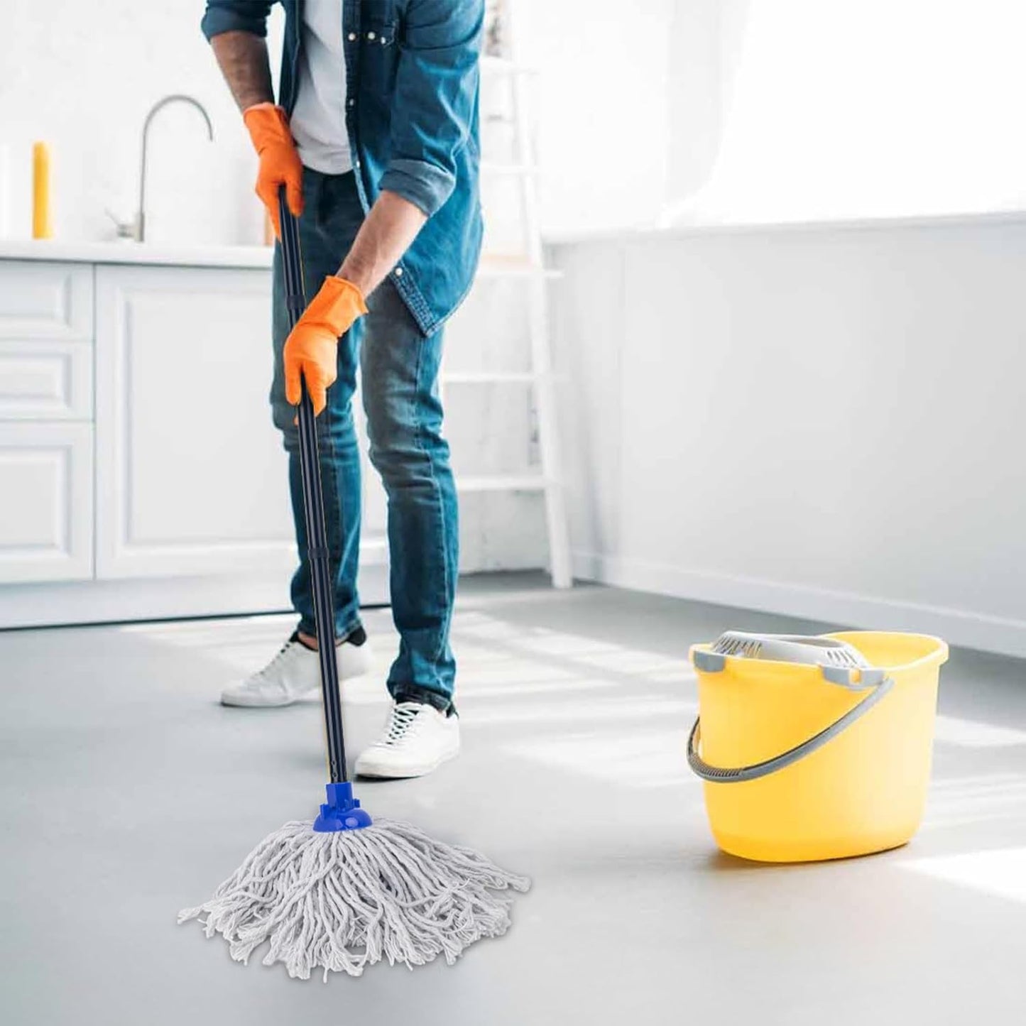 KeFanta Mop for Floor Cleaning,2 Pcs Cotton String Wet Mops Replacement Head Refill Compatible with Microfiber Cloth Mop & 0.8" Diameter Mops Handle(1 Handle & 2 Heads)