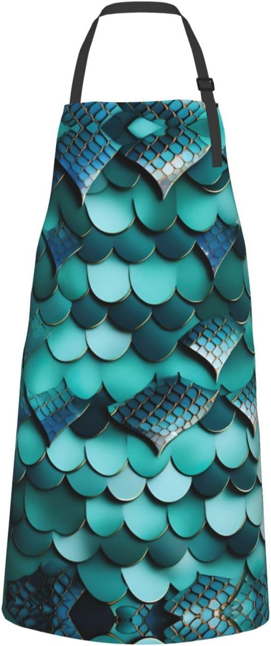 Mermaid fish scale print print Waterproof chef's apron with pocket apron for kitchen cooking baking barbecue and gardening
