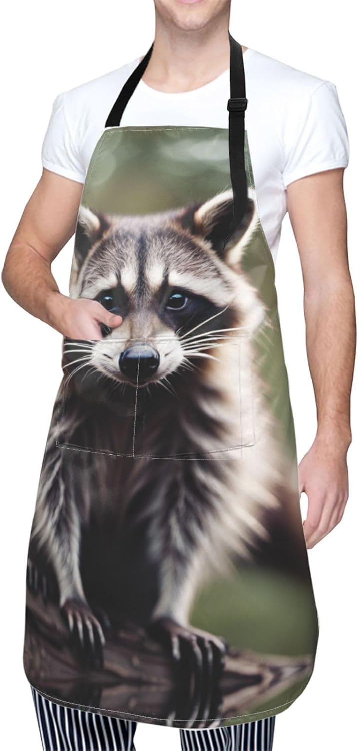 cute raccoon print Waterproof chef's apron with pocket apron for kitchen cooking baking barbecue and gardening