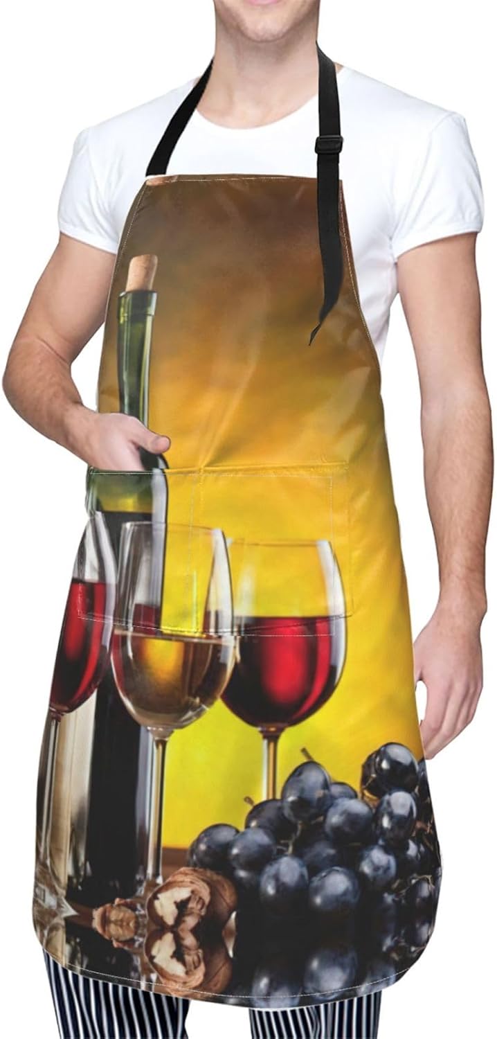 Grapes Wine Bottles and Drink Print 28 x 33in Waterproof Apron with Pockets Fashionable Versatile Smock for Baking