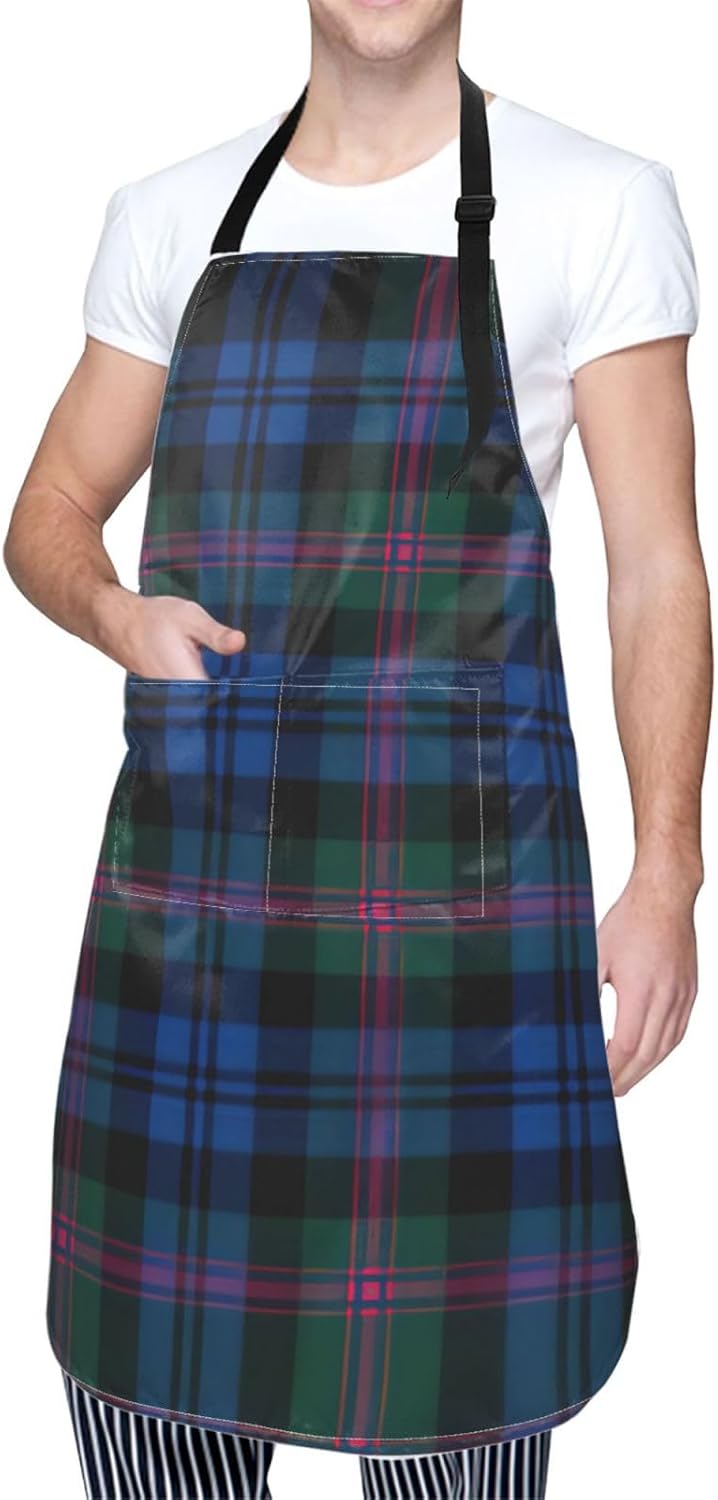 Blue and Green Scottish Tartan print Waterproof apron with pocket adju