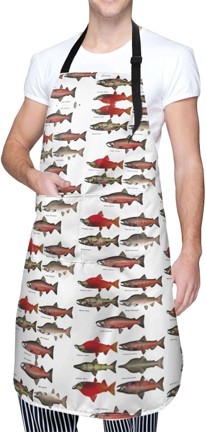 Salmon Print Laundry apron 28x33 In Waterproof Kitchen Apron with Pockets for Cooking Baking