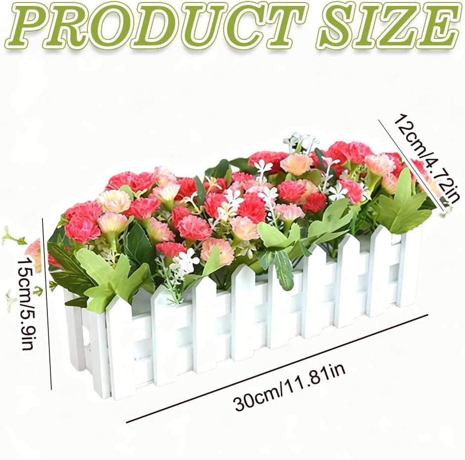 Artificial Carnations Flowers in White Wooden Picket Fence, Faux Silk Flowers with Leaves Fence Pot for Outside Home Planter Porch Patio Yard Office Desk Decor, Rose Red