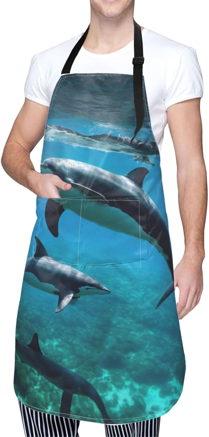 Funny Animal Dolphin Print Laundry apron 28x33 In Waterproof Kitchen Apron with Pockets for Cooking Baking