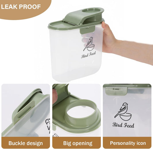 Bird Seed Storage Container, 2.1 Qt/2 L, Airtight, Flip Lid & Pour Spout, Bird Food Container with Scale for Sunflower Seeds, Portable Travel Kibble Storage Dispenser for Small Animal, Green