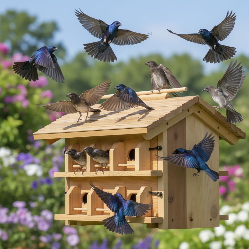 Purple Martin House Starling Birdhouse for Outside with 12 Rooms for Outside,Solid Cedar Wood Bird House for Garden, Pole Mountable Birdhouse, Metal Braket Included, Assembling Needed