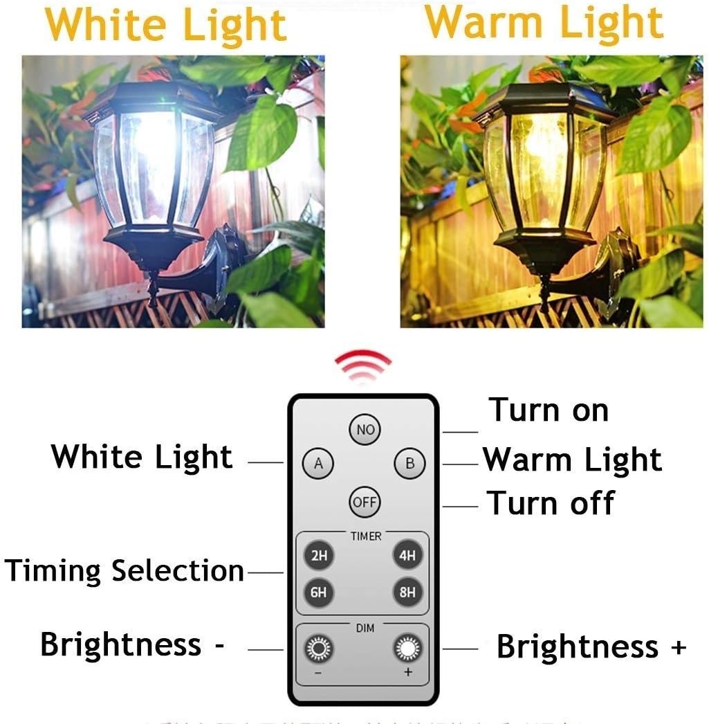 Brightness Dimmable Smart Timing IP54 Waterproof Outside Lights LED Solar Lamp Outdoor Glass Lantern Ligting Garden Fence Wall for Garage Patio Balcony with Remote Control