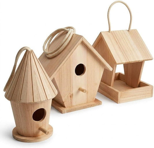 3-Piece DIY Birdhouse Set with Feeder – Includes 2 Wooden Bird Houses & 1 Bird Feeder, Large Paintable Craft Kit for Kids & Adults, Ideal for Home, Garden & Outdoor Decor