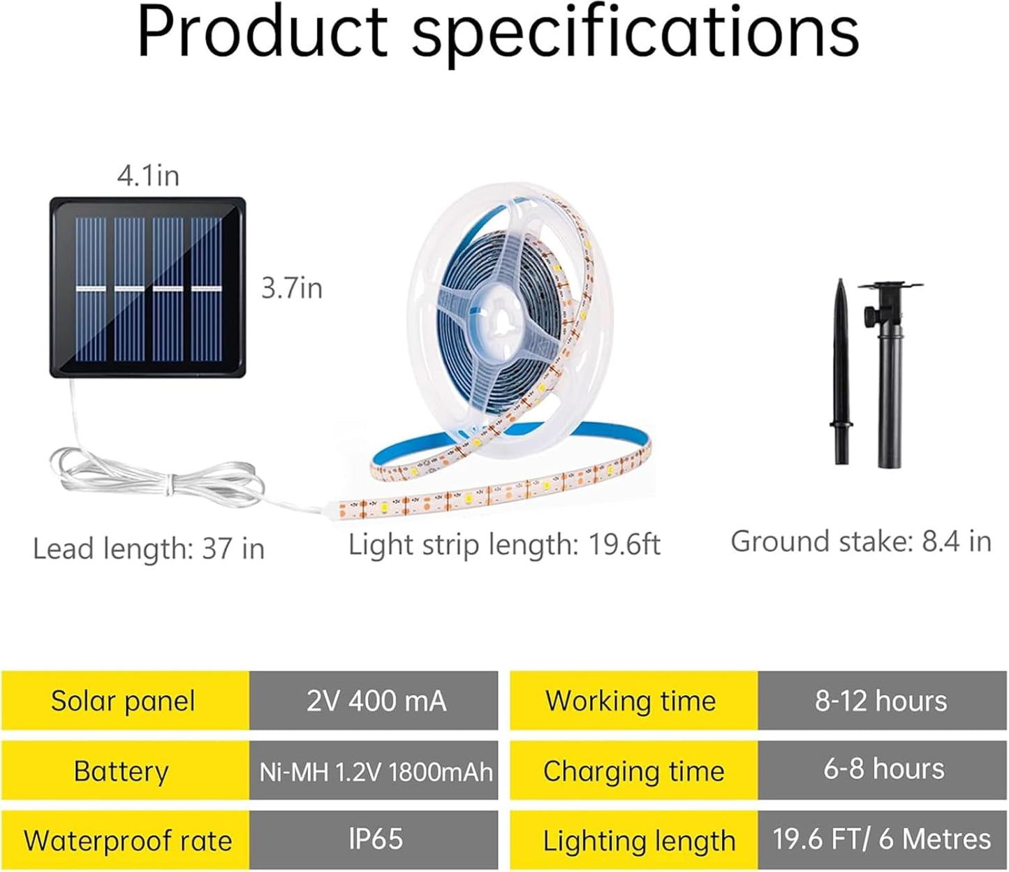 2 Pack Solar LED Strip Lights Outdoor Waterproof 19.6FT 180 LED Solar Powered Rope Light Cuttable 8 Modes for Outside, Garden, Patio, Deck, Fence, Pathway, Stair, Poolside, 6000K White