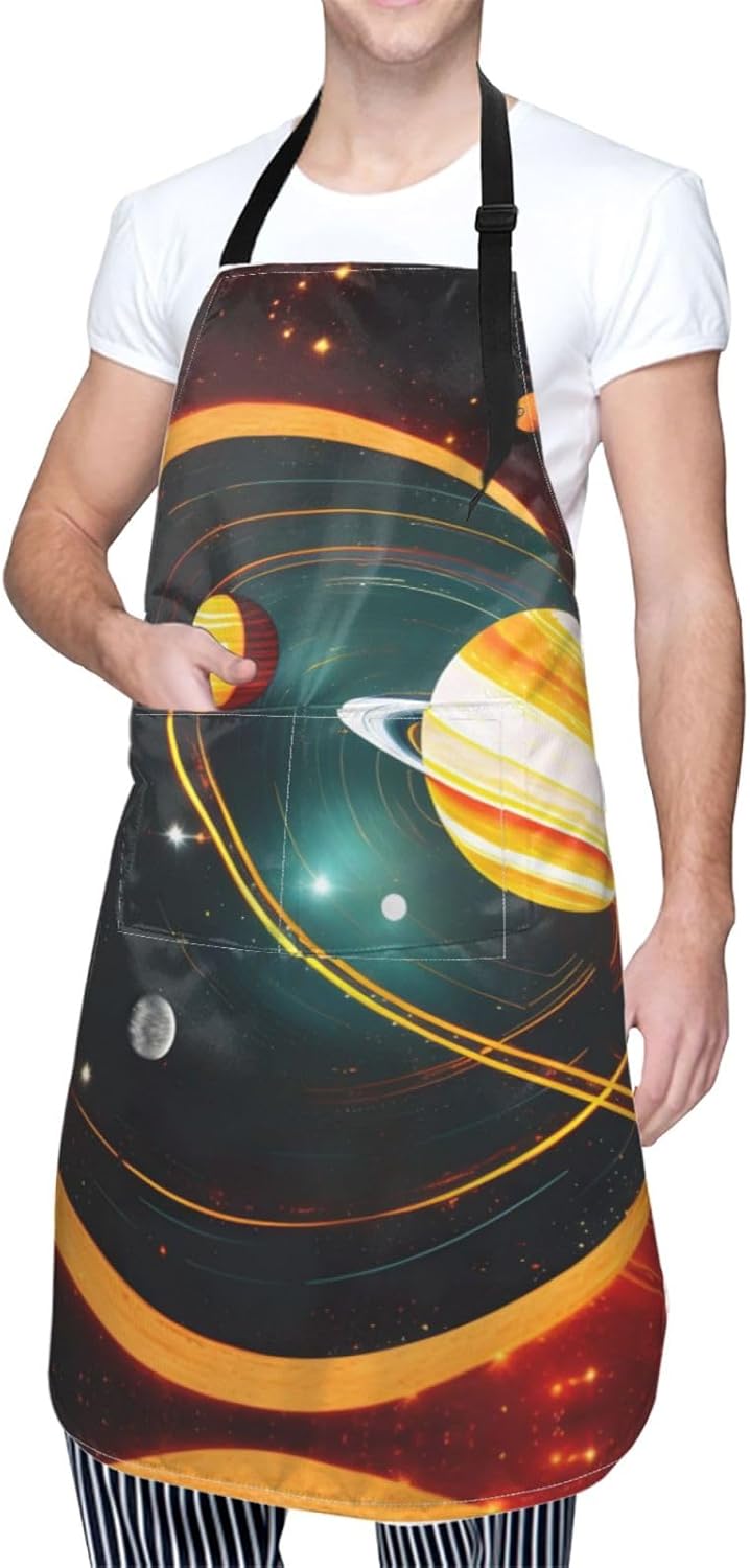 Solar System Jupiter Saturn print Waterproof chef's apron with pocket apron for kitchen cooking baking barbecue and gardening