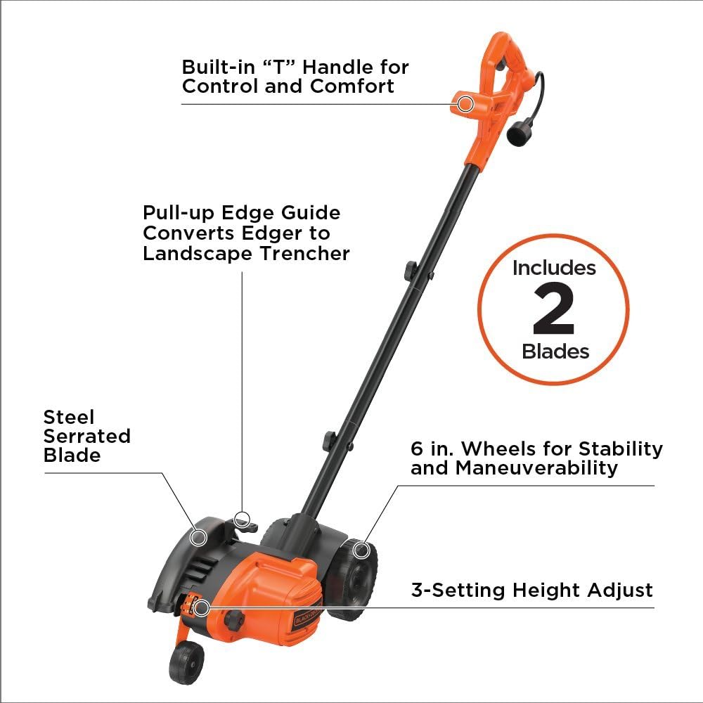 BLACK+DECKER Lawn Edger Trencher 2 in 1, 12 Amp 7.5 in. Electric Edger Lawn Tool for Landscaping and Trench Digger, 3 Height Settings, Corded (LE760FF)