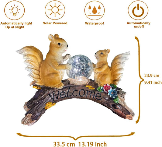 Solar Powered Squirrels on a Log Outdoor LED Garden Light Decor, Garden Ornament (Squirrels on a Log)