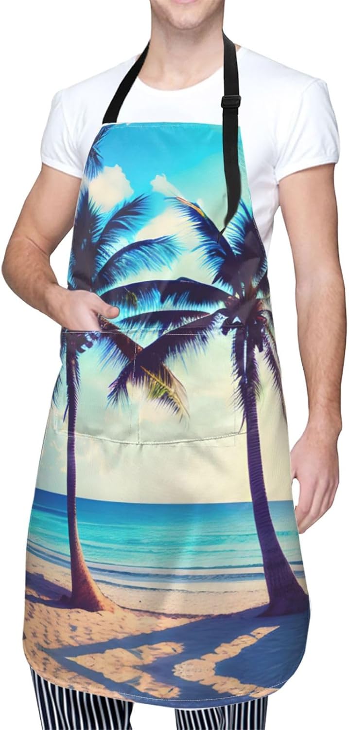 Beach Palm Trees 1 print Waterproof chef's apron with pocket apron for kitchen cooking baking barbecue and gardening
