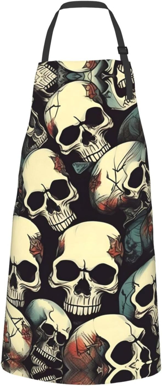 Skull Skeleton Print 28x33 In Adult Kitchen Apron with Pockets Versatile Chef Smock for Cooking Baking