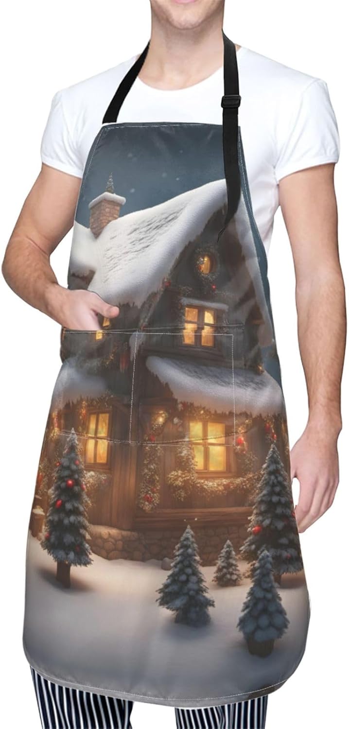 Christmas Village House 3 print Waterproof chef's apron with pocket apron for kitchen cooking baking barbecue and gardening