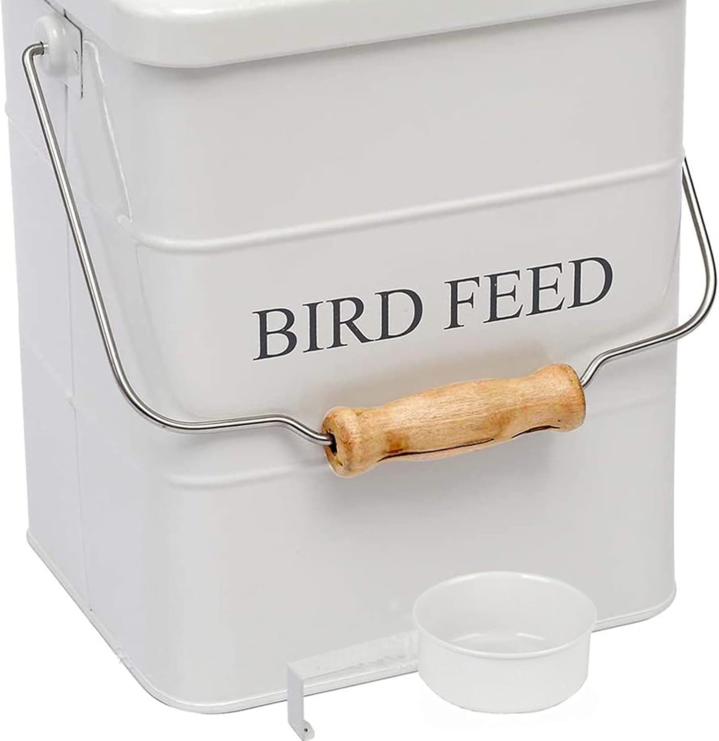DEAYOU Pet Food Storage Tin with Lid, Metal Bird Seed and Feed Container with Serving Scoop, Treats Storage Canister Bin Can for Dogs, Cats Food, Coated Carbon Steel, Tight Fitting Lid, White, 5-6 Lbs