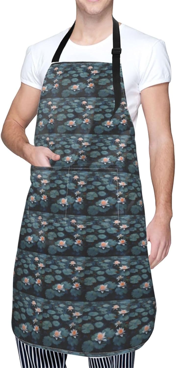 YANYU Lily Pads Flower Print 28x33 In Kitchen Apron Stylish Chef Apron with Pockets for Cooking Baking Painting