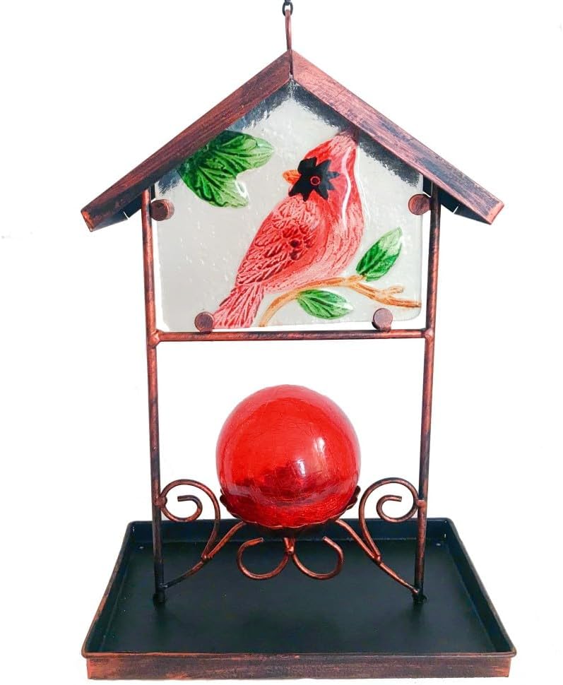 Bird Feeder for Outside Hanging,Outside Metal Wild Bird Feeders with Stained Glass for Garden Yard Outdoor Decoration,Gift Ideas for Bird Lovers (Red Cardinal)