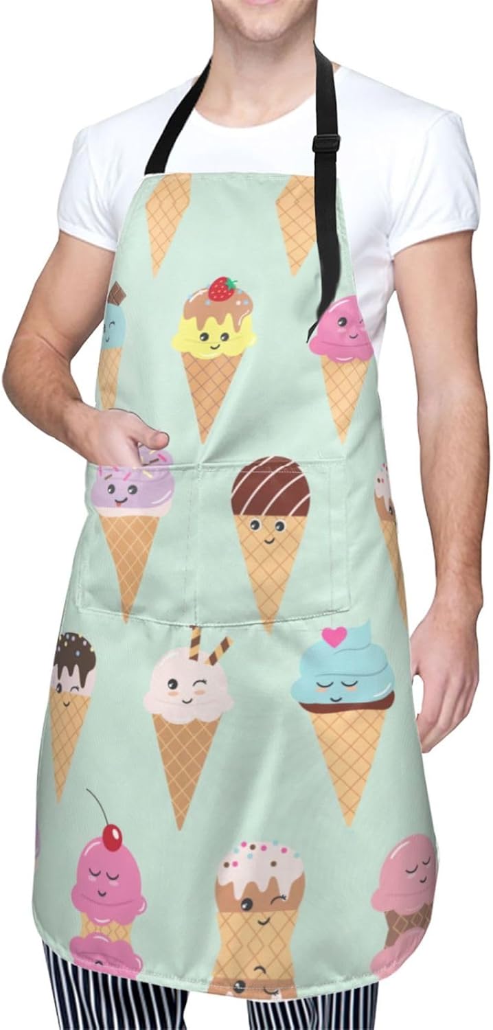 Ice Cream Cones Print 28x33 In Adult Kitchen Apron with Pockets Versatile Chef Smock for Cooking Baking