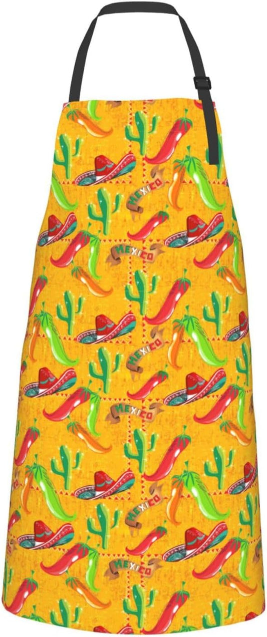 Cactus Hat and Chili Pepper print Waterproof apron with pocket adjusta