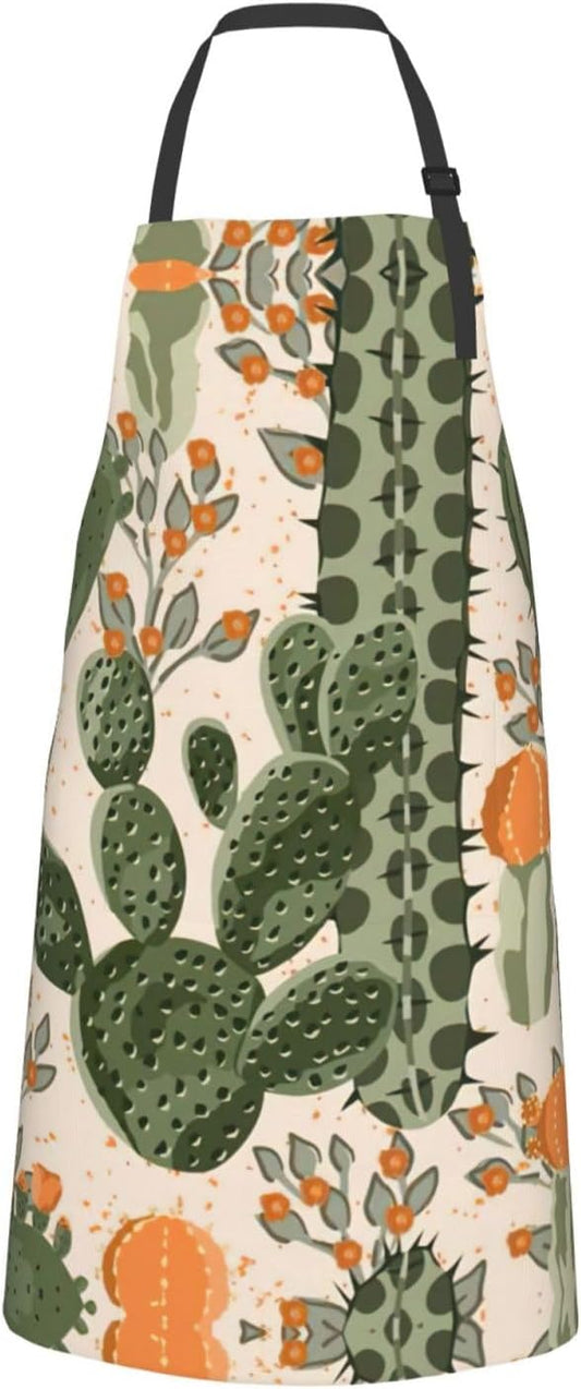 Green Cactus Print Laundry apron 28x33 In Waterproof Kitchen Apron with Pockets for Cooking Baking