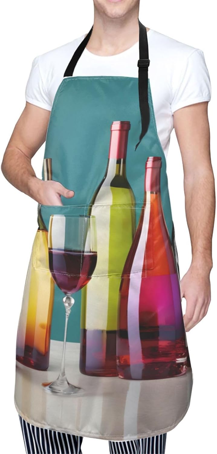 Cocktail Glasses and Wine Bottless Print Laundry apron 28x33 In Waterproof Kitchen Apron with Pockets for Cooking Baking
