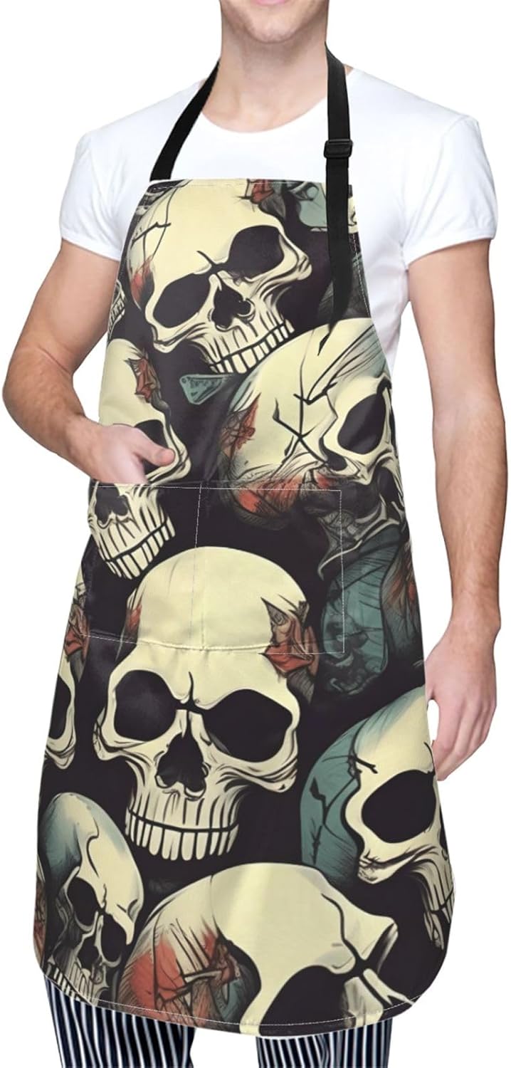 YANYU Skull Skeleton Print 28x33 In Kitchen Apron Stylish Chef Apron with Pockets for Cooking Baking Painting