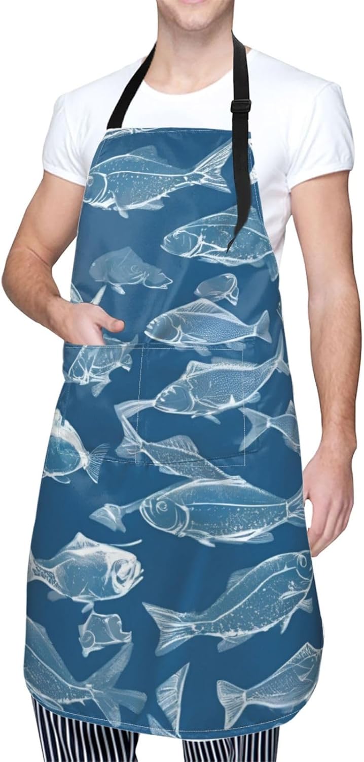 YANYU Ocean Fishes Print 28x33 In Kitchen Apron Stylish Chef Apron with Pockets for Cooking Baking Painting